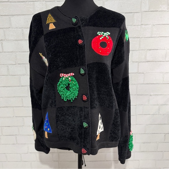 Vintage Just B Black Checkered Cardigan w/ Christmas Tree & Wreath Appliqués XL - Picture 12 of 16
